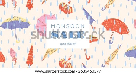 Seamless Pattern of Colorful Umbrellas and Raindrops with Monsoon Sale Text in Center Frame. Hand Drawn Flat Vector Illustration for Seasonal Poster, Discount Promotion or Background.