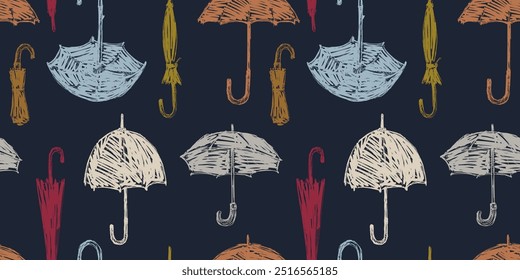 Seamless pattern of colorful umbrellas sketches, opened and closed, hand drawn vector illustration, black background, wallpaper, paper, textile 
