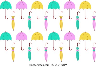 Seamless pattern of colorful umbrellas. Vector background in cartoon style on a white isolated background.