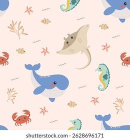 A seamless pattern of colorful underwater scene with a variety of sea creatures, including a whale, a stingray, and a crab. The image has a playful and whimsical mood