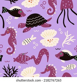 Seamless pattern of colorful underwater world with fish, turtles, sea horses and jelly fish. Modern design for fabric and paper, surface textures.