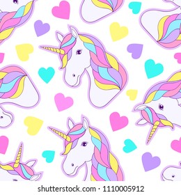 Seamless pattern with colorful unicorns and hearts on white background.