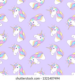 Seamless pattern with colorful unicorns and hearts on violet background.Surface pattern.It be perfect for fabric,stationery, clothing, accessories, digital paper and more.