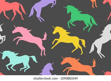 Seamless pattern with Colorful unicorns silhouettes. flat style. isolated on black background