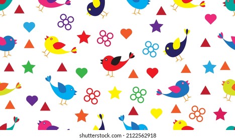 Seamless pattern with colorful unique ornament and birds on white background