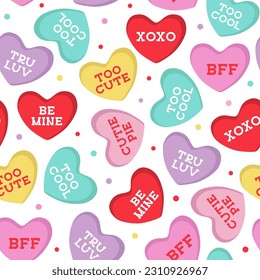 Seamless Pattern of Colorful Valentines Hearts with Wordings- Be Mine, True Love, Cutie Pie, XoXo, Too Cute, and Too Cool- Valentines Vector Illustration