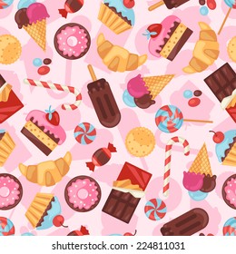 Seamless pattern colorful various candy, sweets and cakes.