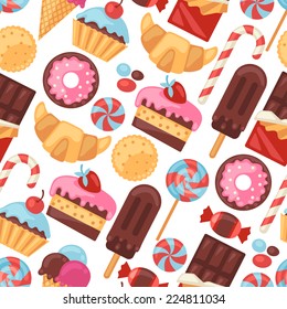 Seamless pattern colorful various candy, sweets and cakes.