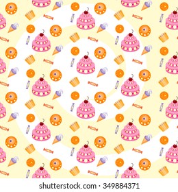 Seamless pattern colorful various candy, sweets and cakes.
