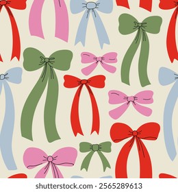 Seamless pattern with colorful various hand drawn bows. Vector flat background in retro coquette aesthetic
