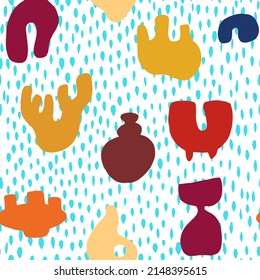 Seamless pattern with colorful vases, abstract shapes vector hand drawn print for wallpaper, wrapping paper, fabric, textile.