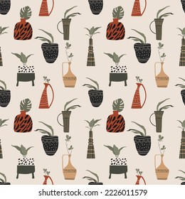 Seamless pattern. Colorful vases and pots. Boho style.