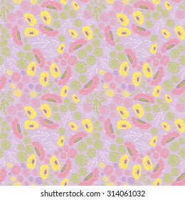 Seamless pattern. Colorful vector background with abstract flowers and leaves on light purple background