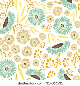 Seamless pattern. Colorful vector background with abstract flowers and leaves on white background