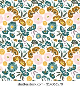 Seamless pattern. Colorful vector background with abstract flowers and leaves on white background