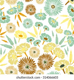 Seamless pattern. Colorful vector background with abstract flowers and leaves on white background