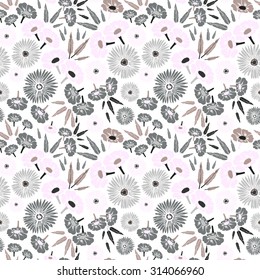 Seamless pattern. Colorful vector background with abstract flowers and leaves on white background