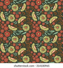 Seamless pattern. Colorful vector background with abstract flowers and leaves on dark green background