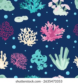 Seamless pattern of colorful vector coral illustrations in flat style. For marine-themed designs, fabrics, wallpapers, textiles and covers.