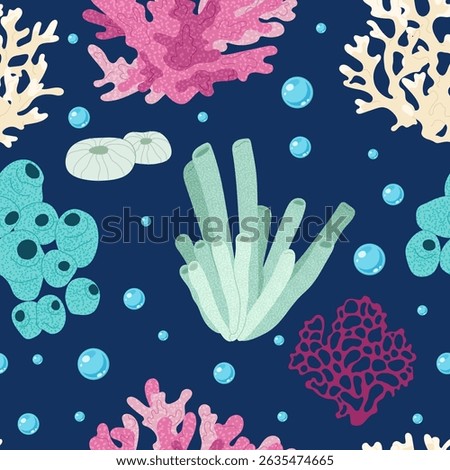 Seamless pattern of colorful vector coral illustrations in flat style. For marine-themed designs, fabrics, wallpapers, textiles and covers.
