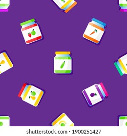 Seamless pattern of colorful vector glass jars with fruits and vegetables puree. Food for baby in flat design. 