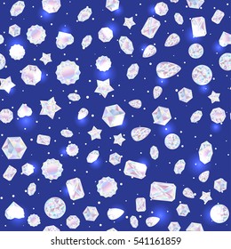 Seamless pattern of colorful vector jewels gemstones and crystals on blue background.