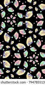 Seamless Pattern Of Colorful Vector Jewels Gemstones And Crystals On Black Background.