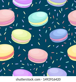 Seamless pattern with colorful vector macaroons. Summer food print. Pattern design with on dark blue background. Food illustration. Flat style