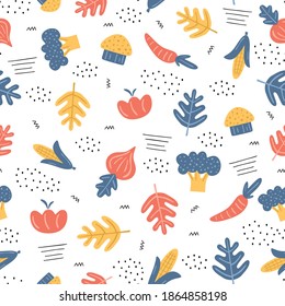 Seamless pattern colorful vegetables. Vegetables background. Tomato, parrot, broccoli, sweet corn, mushrooms, onion. Scandinavian style. Healthy organic food concept. Vector illustration