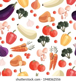 Seamless pattern with colorful vegetables. Hand drawn vector illustration design. Natural organic food. Wallpaper and fabric design. 