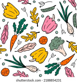 Seamless pattern with colorful vegetables and leaves on a white background. Creative textures for fabric, packaging, textiles, wallpaper, clothing. Doodle vector illustration. Healthy vegan food