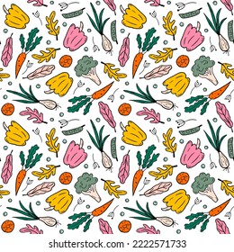 Seamless pattern with colorful vegetables and leaves on a white background. Creative textures for fabric, packaging, textiles, wallpaper, clothing. Doodle vector illustration. Healthy vegan food