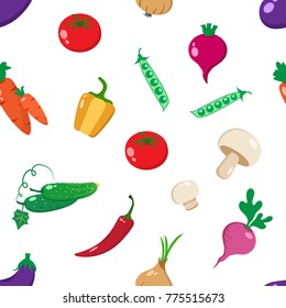 Seamless pattern with colorful vegetables on white background. Vector illustration