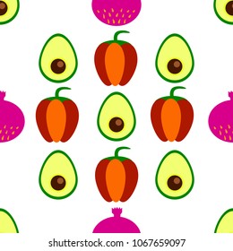 Seamless pattern with colorful vegetables. Sketch style vector set. Vegetables flat icons set: avocado, pepper, figs