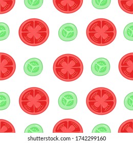 Seamless pattern with colorful vegetables. Tomato and cucumber background. Vegetarian and vegan food. Organic healthy slices of farm products. Vector illustration for wallpaper, textile, print.
