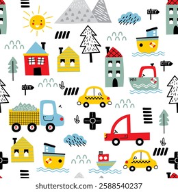Seamless pattern of colorful vehicles, houses, and trees in a playful cityscape. Kids illustration concept
