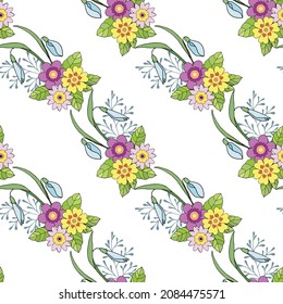 Patrón sin foco con colorido ornamento lineal vertical de ramos de flores primaverales florecientes de nevadas, cebollas.