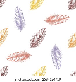 Seamless pattern with colorful vintage hand drawn feathers

