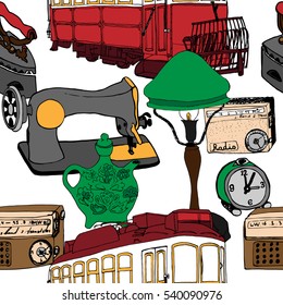 Seamless pattern with colorful vintage stuff and red retro tram. Perfect for wallpaper or fabric design
