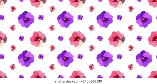 Seamless pattern with colorful violets in a flat style. Fabric, cover, label design. Vector illustration 