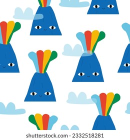 Seamless pattern with colorful volcanoes. Cute childish print. Vector hand drawn illustration.