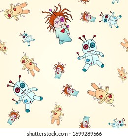 Seamless pattern with colorful voodoo dolls vector illustration. Suitable for design, brand logo, badge, t-shirts, printed cups, cards.