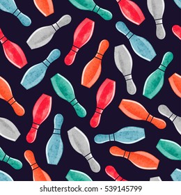 Seamless pattern with colorful watercolor bowling pins on dark. Vector bowling background.