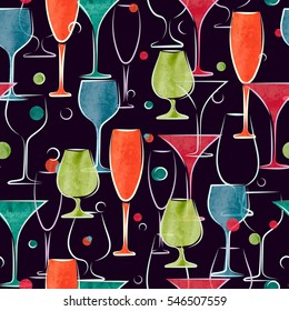 Seamless pattern with colorful watercolor cocktail glasses. Vector background. 