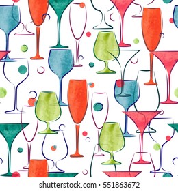 Seamless pattern with colorful watercolor cocktail glasses. Vector alcohol background.