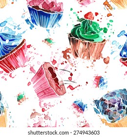 Seamless pattern of colorful watercolor cupcakes on a white background