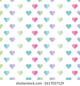 Seamless pattern with colorful watercolor hearts on white background, romantic Valentine's Day design for wrapping, textile, and digital use