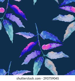 Seamless pattern with colorful watercolor leaves, Vector background.