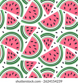 Seamless pattern with colorful watermelon slices and seeds on white background. Fresh, vibrant summer fruit design ideal for fabric, packaging, and seasonal projects.