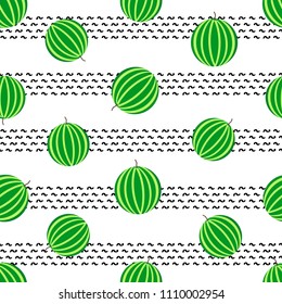 Seamless pattern with colorful watermelons and black waves. Vector illustration